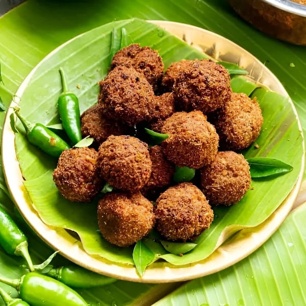 Indian fried lentil fritters, or pakoras, with green chilies on a banana leaf.