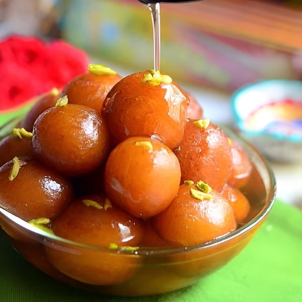 Gulab Jamun, an Indian dessert, in a glass bowl with syrup being poured over them.