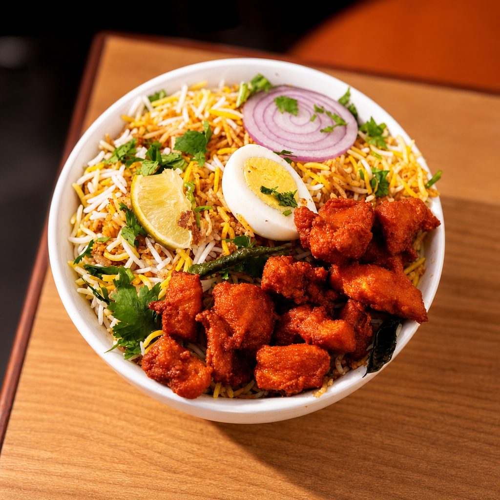 Hyderabadi Special Boneless Chicken 65 Biryani.